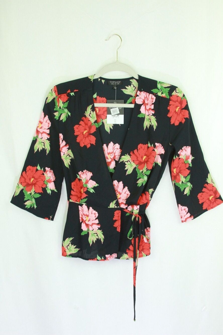 Topshop Top Blouse Floral Wrap 3/4 Sleeve Multicolor Womens 4